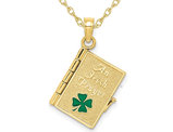 10K Yellow Gold Irish Prayer Book with Clover Charm Pendant Necklace with Chain